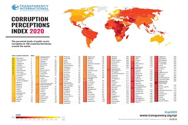 اطلس جهانی شاخص ادراک فساد CPI، منتشرشده توسط سازمان بین المللی شفافیت